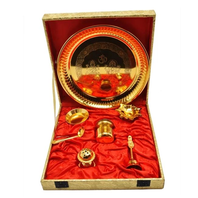 Gold Plated Steel Pooja Thali 9" Diameter with Brass Bell IND