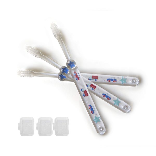 Children's Toothbrush Set of 3 Boys with Caps, Car Pattern