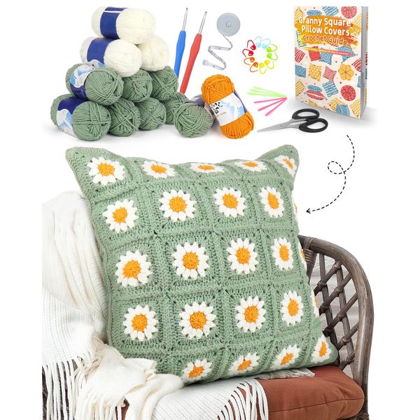 Coopay Crochet Kit Beginners for Pillowcase, Granny Squares Crochet Pillowcase Kit with Instructions & Enough Yarn, Complete Crochet Starter Kit Easy Learn to Crochet Kit for Adults - Green Daisy