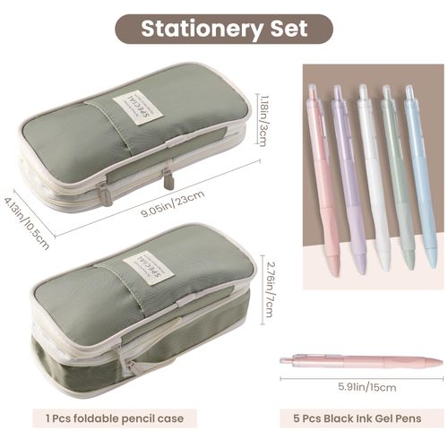 Large Capacity Pencil Case, Pencil Pouch with 5 Black Gel Pens (0.5mm), Big Zipper Pen Bag for Students, Aesthetic School Supplies, Cute Stationery Set for Girls and Women (Green)