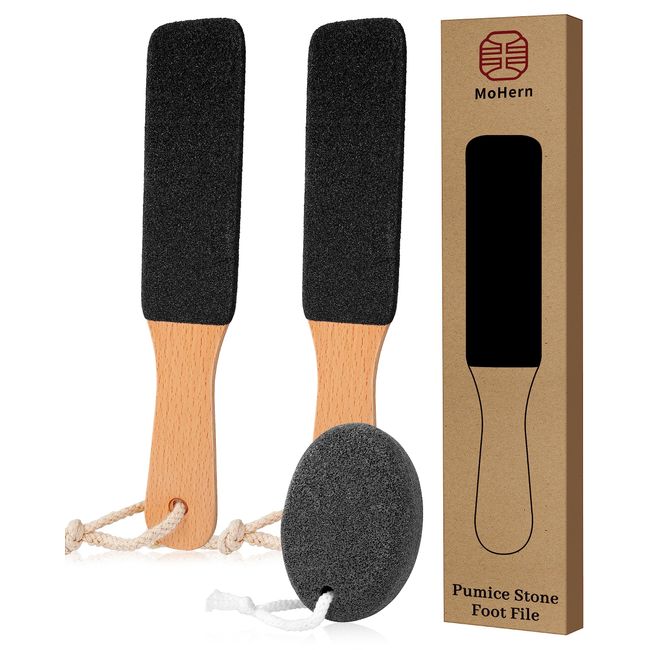 Pumice Stone Foot File, 3pcs Set Callus Remover for Feet with Wooden Handle, Pedicure Foot Scrubber to Remove Dead Skin, Dry, Rough, Corns Skin Scraper