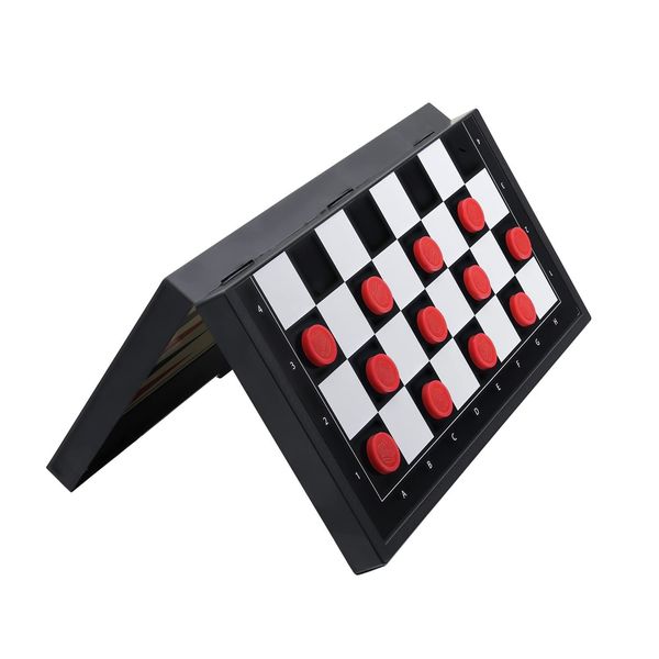 Magnetic Draughts Board Game with Magnetic Checker Pieces, Mini Folding Portable Travel Checkers Set