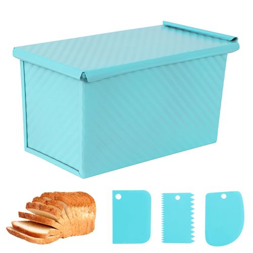 Spmarkt Blue Pullman Loaf Pan with Lid, Sandwich Bread Pullman Loaf Pan, 1LB Dough Capacity Rectangular Bread Pan, Non-Stick Loaf Pan with Dough Scraper Cutter for Sandwich Bread
