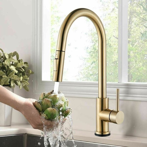 Brushed Gold Kitchen Sink Faucet Pull Down Sprayer Single Handle Mixer Tap