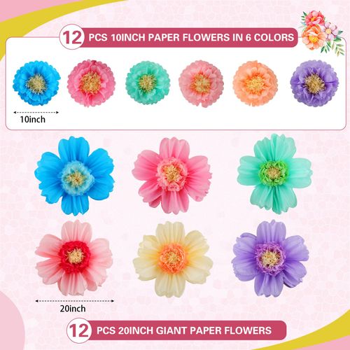 Crowye Large Colorful Tissue Paper Flowers 20" Handcrafted Giant Fiesta Paper Flowers for Mexican Party Wedding Birthday Backdrop Baby Shower Nursery Craft Outdoor Wall Decor（Colorful, 12 Pcs）