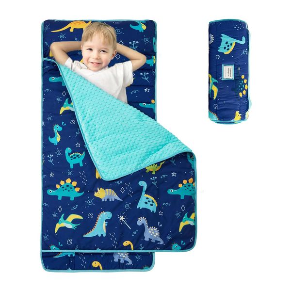 NICE CHOICE Toddler Nap Mat for Boys Daycare Preschool Dinosaur Nap Mat Sleeping Bag Nap Mats with Pillow and Blanket for Little Boys Nap Mat Blue Daycare Kindergarten Traveling Camping(Dinosaur)