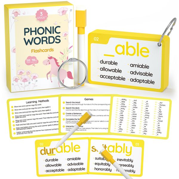 WJPC 116 Set Phonics Suffix Words Flash Cards,Sigh Words Flash Cards, Phonics Flash Cards for 7,8,9,10,11,12 Years 2nd, 3rd, 4th, 5th Grade Boys&Girls&Kids Learning Writing Reading