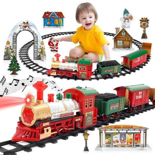 deAO Train Set for Christmas Tree,Classical Christmas Train Set with Headlight, Realistic Sounds, 4 Cars Carriage and Tracks, Best Gift for Christmas Décor Under The Christmas Tree