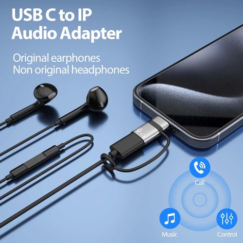 USB C to Li-ghtni-ng Audio Adapter Support Line Control, USB C Male to Female Li-ghtni-ng Headphone Earphone Adapter for Phone 16 15 Pro Max Plus, Pad Air/Pro, Not for Charging/Data Transfer。