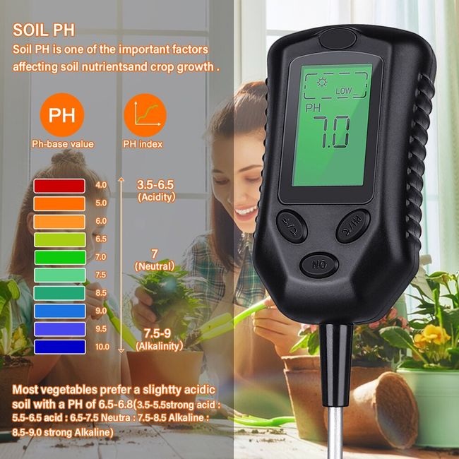 4-in-1 Soil Moisture Meter ,Digital Plant Temperature/Soil Moisture/PH Meter/Sunlight  Intensity/Environment Humidity Backlight LCD display Soil Test Meter for  Gardening, Farming,and Outdoor Plants 