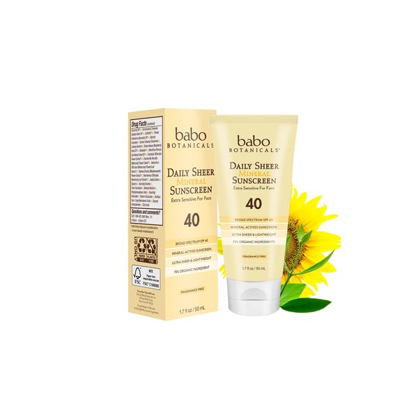 Babo Botanicals SPF 40 Daily Sheer Facial Sunscreen, Unscented, 1.7oz, Best Natural Mineral Sunscreen, Non-Nano, Sensitive