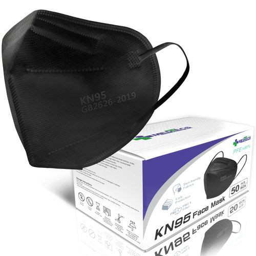 Medtecs KN95 Face Masks Disposable - Individually Wrapped, 5 Ply Protection & Extra Wide Elastic Ear Loops Design, ≧ 95% Filtration Efficiency | Mask Extender included, 50 PC - Black
