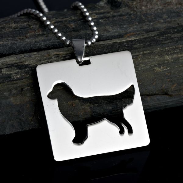 Stainless Steel Square Shape Golden Retriever Silhouette Pet Dog ID Tag Breed Collar Charm Pendant Necklace