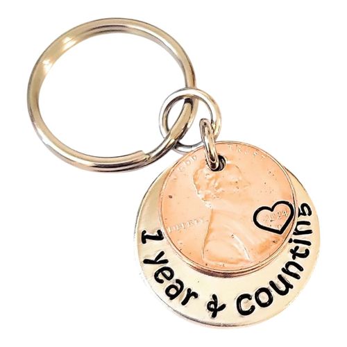1 Year & Counting, 1st Anniversary Gift, Key Chain Gift, 2024 Lucky Copper Penny, Heart Stamp, Gift for Husband, Gift for Wife