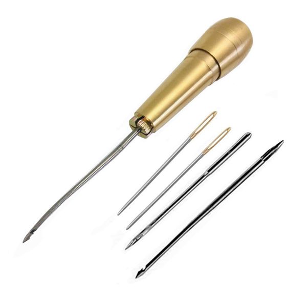 Fbshicung 5pcs Needle Copper Handle Sewing Awl Hand Stitcher Shoe Repair Tool for Repairing Shoe,Bag Canvas Leather Sewing Tool Kit