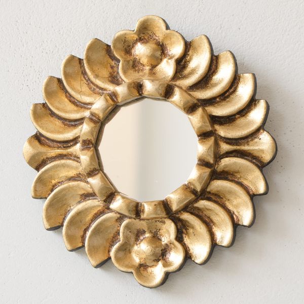 Handmade Small Gold Round mirror on the wall living room | Peruvian Hand-carved wood hanging mirror home decor | Gold leaf mirror wall art (Gold)