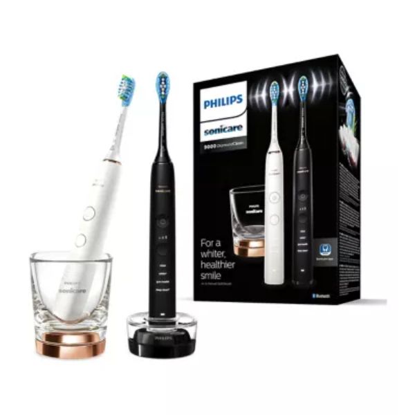 Philips Sonicare Electric Toothbrush Twin Pack DiamondClean 9000 Black & Rose Gold. 2 x Base Charger & 1 Glass Holder HX9914/57