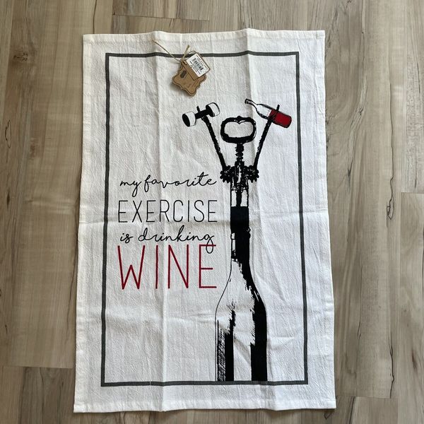 NWT Mudpie Tea Towel “My Favorite Exercise Is Wine” White Gift Decorative NEW