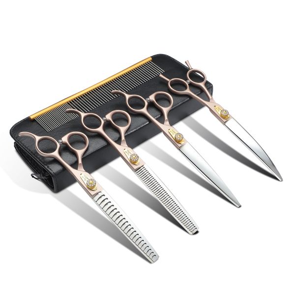 JASON Dog Grooming Scissors Set, Professional 6 in 1 Dog Scissors Sharp & Durable Shears Set - 7" Thinning, Chunker, Straight, Curved Shears and Comb for Dog Cat Pet, Rosegold