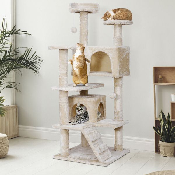 53" Safe Cat tree Tower Cats Scratchers Play House Condo Pet House Fun Beige