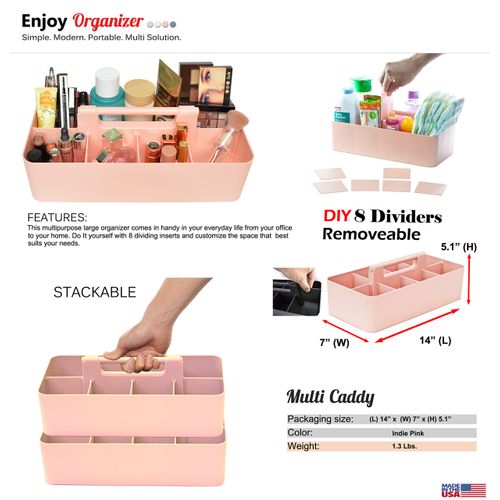 2 PACK - Portable DIY 8 Dividers Durable Plastic Organizer Tote Tool Home Office School Toy Arts Craft Pencil Kids Baby & Supply Cleaning Caddy with Handle Made In USA (Indie Pink)