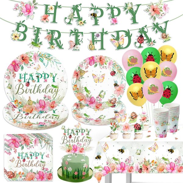 Floral Birthday Party Decorations for Women, Butterfly Birthday Party Supplies Includes Happy Birthday Plates and Napkins,Happy Birthday Banner,Disposable Cups,Serve 20