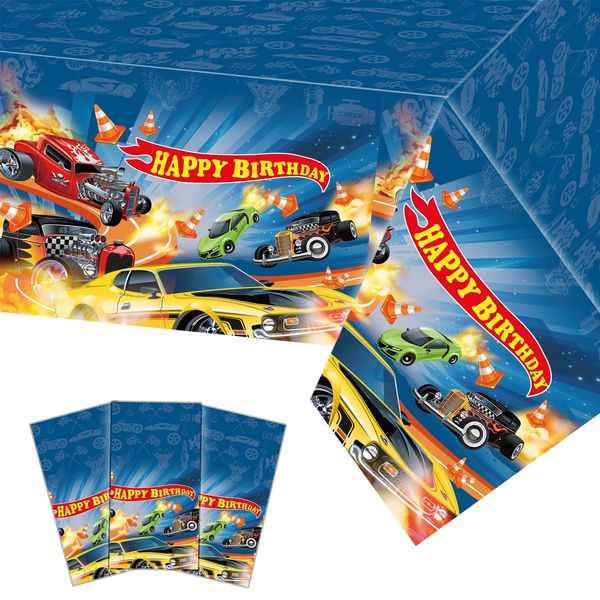 3 Pcs Hot Race Car Themed Party Tablecloth, Car Wheel Birthday Party Supplies Include Plastic Table Covers for Boy and Girl (42.5X70.8inch)