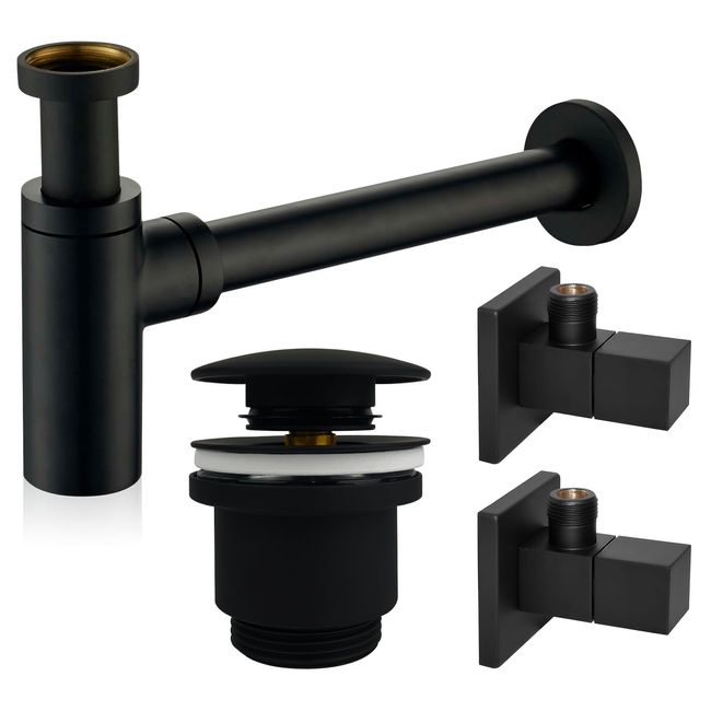 kör4u Design Set inklusive Siphon, Pop-Up Ventil und 2x Eckventil – Ablaufventil mit Dichtungen, Geruchsverschluss mit extra langem Rohr für Waschbecken (schwarz)