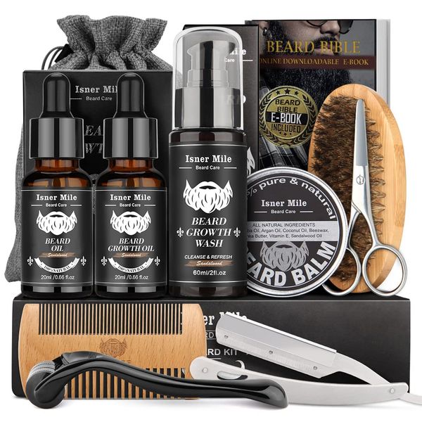 Isner Mile Beard Kit for Men, Grooming & Trimming Tool Complete Set with Shampoo Wash, Beard Care Growth Oil, Balm, Brush, Comb, Scissors & Storage Bag, Perfect Gifts for Him Man Dad Father Boyfriend