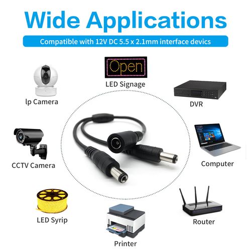 1 Female to 2 Male Cord 5.5mm x 2.1mm,DC Power Splitter Cable for CCTV Security Cameras,Y Splitter Adapter Wire,1 to 2 Way DC Power Splitter Cable-2 Pack