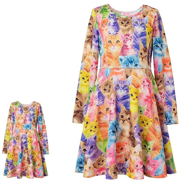 Cat Dresses for Girls & Doll 18 inch Kid Long Sleeve Fall Winter Clothes 6 7