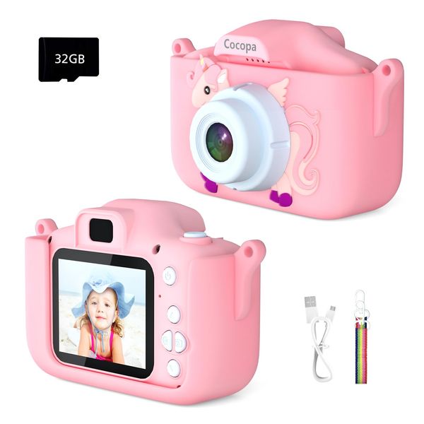 Cocopa Kids Camera Digital Camera for 3-12 Years Old Girls,1080P HD Video Camera for Kids with 32GB SD Card/2 Inch IPS Screen, Birthday Christmas Toy Gifts for 3 4 5 6 7 8 Year Old Girls (Light Pink)