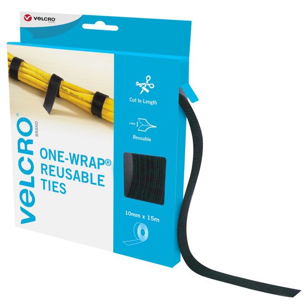 VELCRO Brand | One-Wrap Reusable Ties | Multi-Purpose Ties Perfect Desk Accessories for Cable Management & Home Improvement | Black | 10mm x 15m