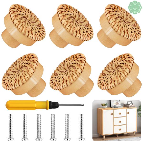 Baiyuanli Wooden Drawer Knobs 6Pcs Round Wooden Cabinet Knobs 40MM Vintage Cabinet Handle Unfinished Wood Knobs with Screws and Screwdriver for Drawer Wardrobe Door