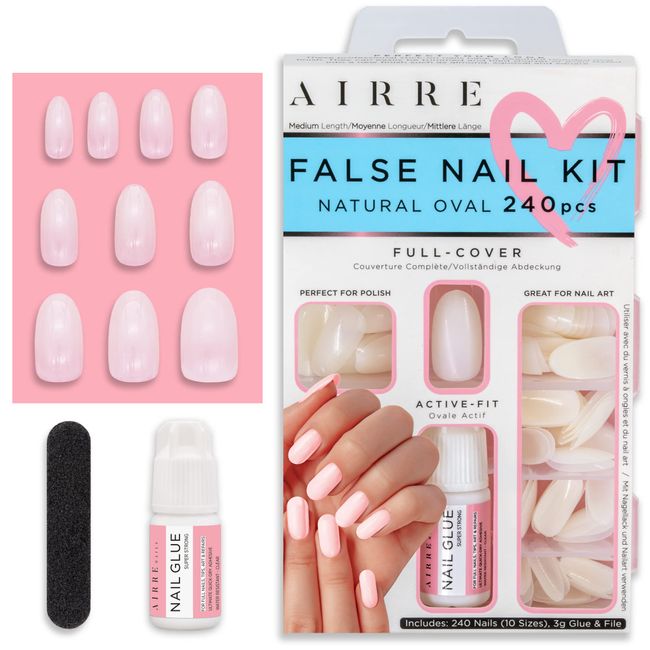 AIRRE 240pcs Medium Oval False Nails with Strong Glue - For UV/LED Gel, Polish & Nail Art. Natural Opaque Nail Kit (10 Sizes). DIY Manicure Nails in Minutes!