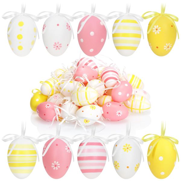 com-four® 36x Hand-Painted Easter Eggs to Hang Up - Pastel-Coloured Easter Decorations with Great Patterns - Decorative Easter Eggs with Ribbon - 6 cm