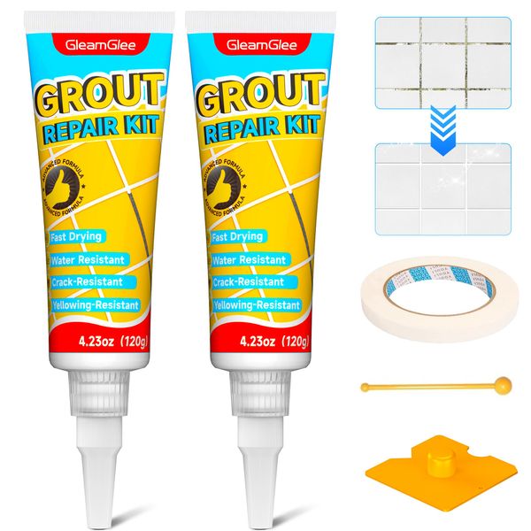 Tile Grout Repair Kit, 2 Pack White Grout Filler - Fast-Drying & Odorless Grout Paint, Restore & Refresh Tile Joints for Bathroom, Shower, Kitchen & Floor Tiles