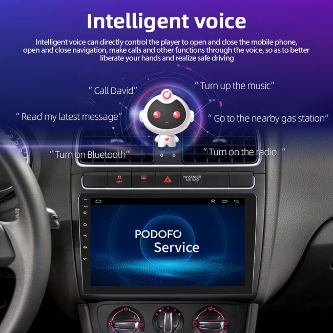 Podofo Android 10 Car Radio 8G+128G WIFI 4G 8 Cores Ai Voice