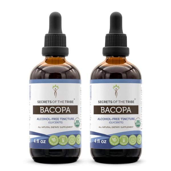 Secrets of the Tribe Bacopa USDA Organic | Alcohol-Free Extract, High-Potency Herbal Drops | Made from 100% Certified Organic Bacopa (Bacopa Monnieri) Dried Herb (2x4 oz)