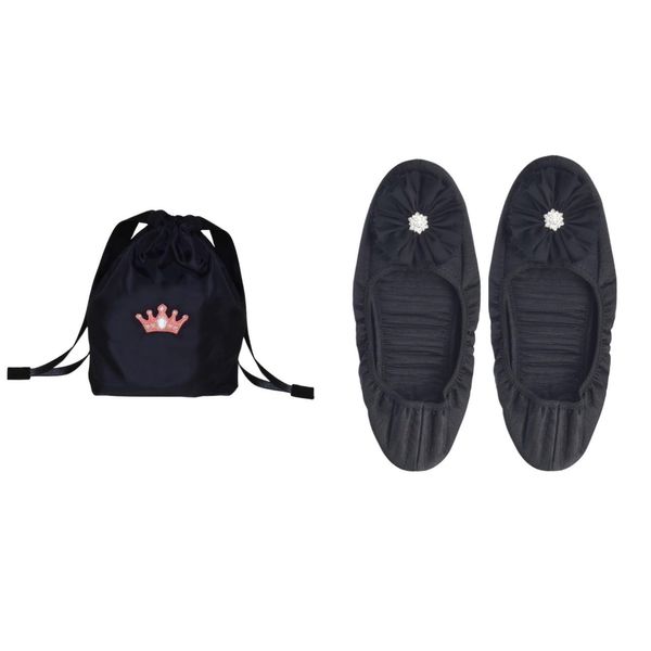 Angel Smile Royal School RSSL2022003 LL Slippers, Grosgrain Mobile Slippers (Jewel & Black) LL & Tiara Pattern Embroidered Navy Drawstring Bag (Small), 2-piece Set, Black