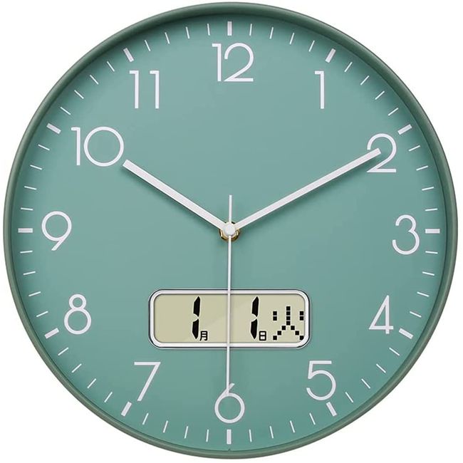 Nbdeal Wall Clock, Radio Clock, Silent, Continuous Second Hand, Stylish, Date Display, Day Display, Diameter 11.8 inches (30 cm), Wall Hanging Clock, Northern Europe (Green)