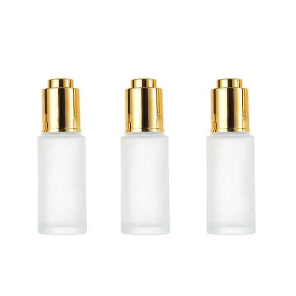 VASANA 3PCS 30 ML/1 OZ Empty Frosted Glass Dropper Bottle Refillable Essential Oil Aromatherapy Container with Pressure Pump Tip Glass Eye Dropper Cosmetic Bottle Travel Pressing Dropper Bottle(gold)