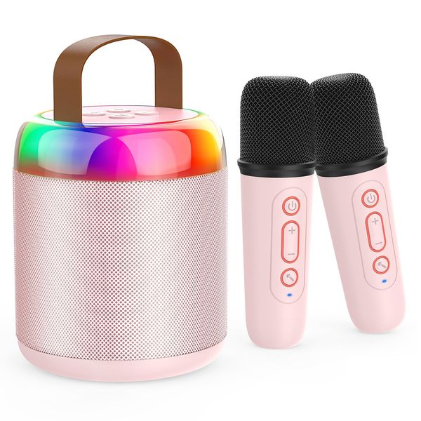 Iyoyo Mini Karaoke Machine for Kids Portable Bluetooth 5.3 Speaker Led Lights with 2 Wireless Microphones Karaoke Gifts for Girls Boys Audlt Birthday Christmas Solid Metal Body (Pink)