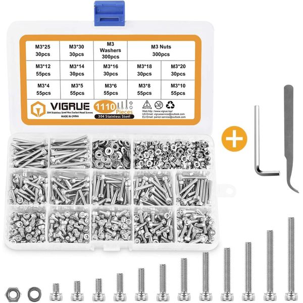 VIGRUE 1110PCS M3 Hex Socket Head Cap Screws Nuts Kit, M3 x 4/5/6/8/10/12/14/16/18/20/25/30mm Stainless Steel Screws Assortment Set w/Allen Wrench and Tip Curved Tweezer