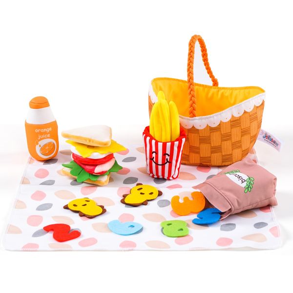 Jollybaby Mini Soft Cloth Kitchen Pretend Play Food Toys for Toddlers 1-3, Fabric Picnic Basket Fake Food Toys Set for Baby 0-6-12 Month, Montessori Sensory Stuffed Food Toys for Newborn Baby Gift