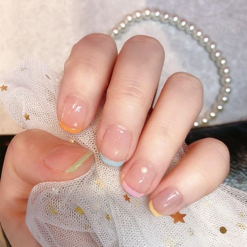 24pcs French False Nails Short Stick on Nails Pearl Press on Nails Removable Glue-on Nails Fake Nails Women Girls Nail Art Accessories