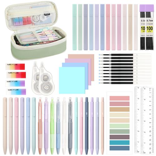 MoKo 56 PCS Aesthetic School Supplies with Pencil Pouch, Cute Stationery Set for Students Office, 12 Gel Pens, 12 Pastel Highlighters, 6 Mechanical Pencils 0.5 & 0.7mm, Sticky Note Index Tab (Green)
