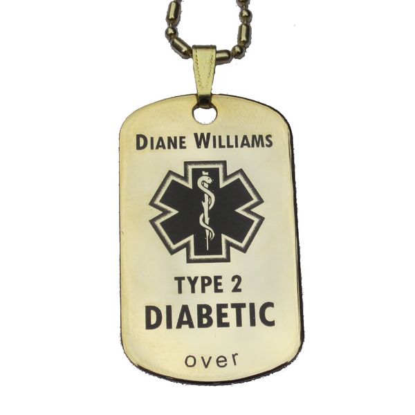 Custom Engraved Diabetes Diabetic Medical Alert Tag Pendant Necklace in Gold or Silver (Gold) - Free Personalization