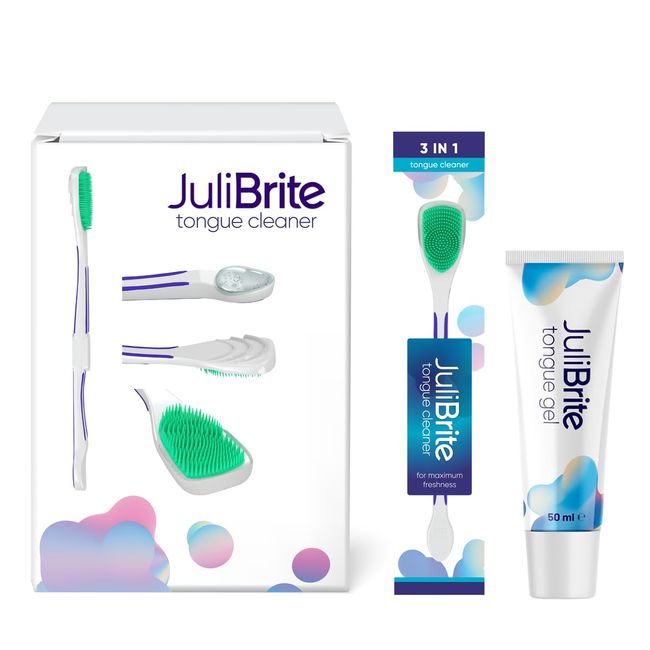 Julibrite Zungenpflege-Set | 1 Zungengel (50 ml) + 1 Zungenbürste | unterstützend gegen Mundgeruch (Halitosis) | Weiße Zunge | Frischer Atem | Zungenschaber | Zungenschrubber | Zungenreiniger