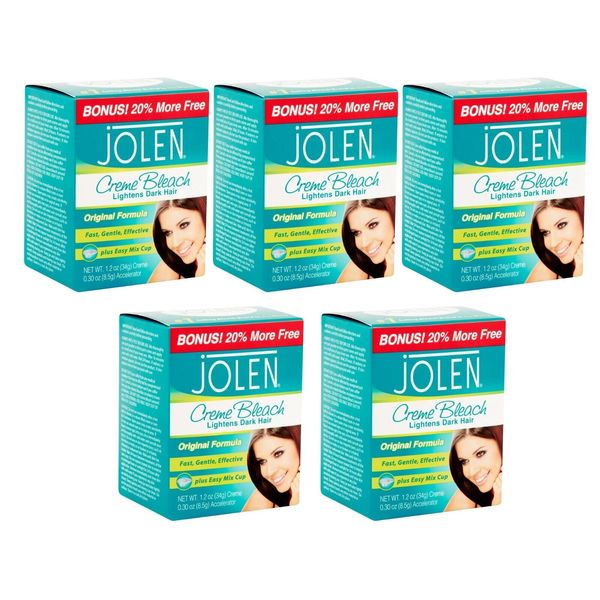 5 Pack Jolen Original Creme Bleach Dark Hair Lightener Cream Size 1.2 oz Jars